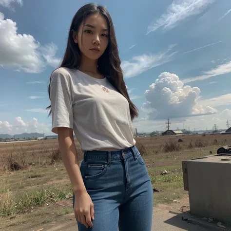 Thai Woman, look at viewer, long hair, shirt, jeans, cloud, day, sky,outdoors, post-apocalypse, 