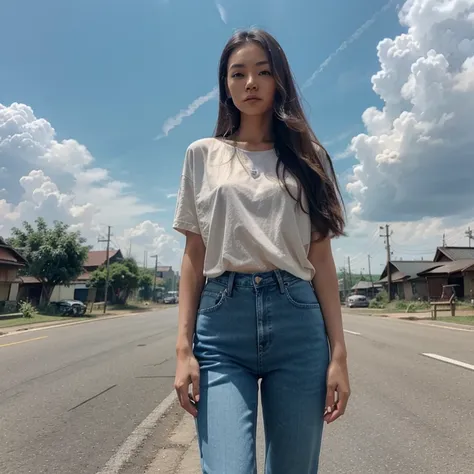 Thai Woman, look at viewer, long hair, shirt, jeans, cloud, day, sky,outdoors, post-apocalypse, 