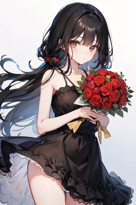 A black  haired woman with brown eyes is presenting a bouquet of roses
