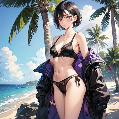 1sexy purple eyed, short black hair girl on beach, wearing a black small lacy bra, thong, a watch, earrings, slippers and sunglasses standing on beach, palm tree background. Girl wearing pearl thong and lacy bra, 8k masterpiece, detailed skin, beautiful fa...