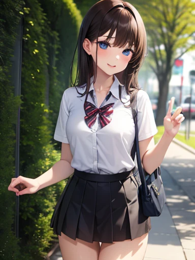 young woman, fair skin, brown hair, white school uniform, skirt, pantyhose, penis bulge