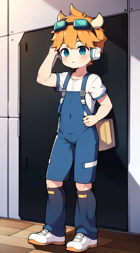 Two-dimensional boy Shota，One-piece hiking suit，cow horn，Cow ears，Wear the headphones on your head，stood up，goggles，sports shoes