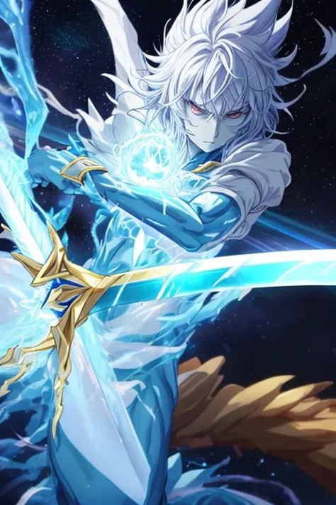 a close up of a person holding a sword in a space, Screenshot of the 2012 animation, This character has the ability to freeze, Energy Man Epic Animation, 2 0 1 9 animation screenshots, a huge god, reincarnated as a slime, flying anime esper, The legendary ...