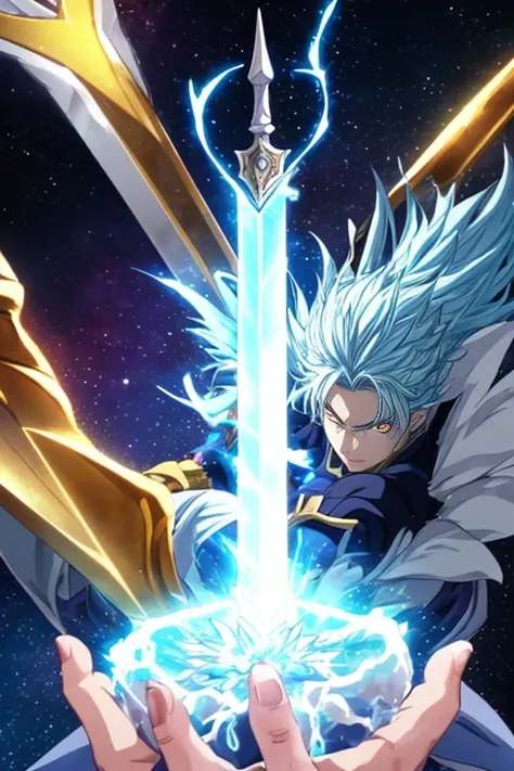 a close up of a person holding a sword in a space, Screenshot of the 2012 animation, This character has the ability to freeze, Energy Man Epic Animation, 2 0 1 9 animation screenshots, a huge god, reincarnated as a slime, flying anime esper, The legendary ...