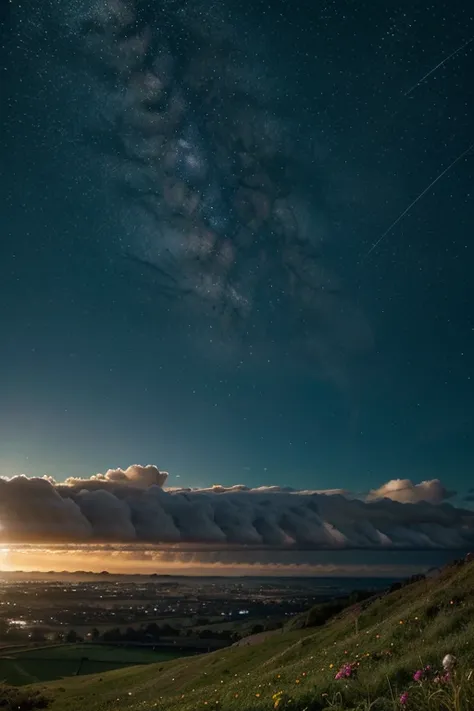 Num reino distante e encantado, the landscape unfolds in a spectacle of light and color. No horizonte, a soft, radiant light breaks through the darkness, separando o dia da noite. The sky, um vasto pano azul, is adorned with soft clouds that dance graceful...