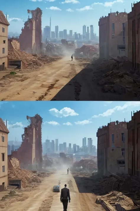 Animated scene of a man walking on a dirt road in front of a castle, attack on titan scenery, Ruined city in the background, Ruined city in the background, city ruins in the background, A ruined city in the background, destroyed city in background, (attack...