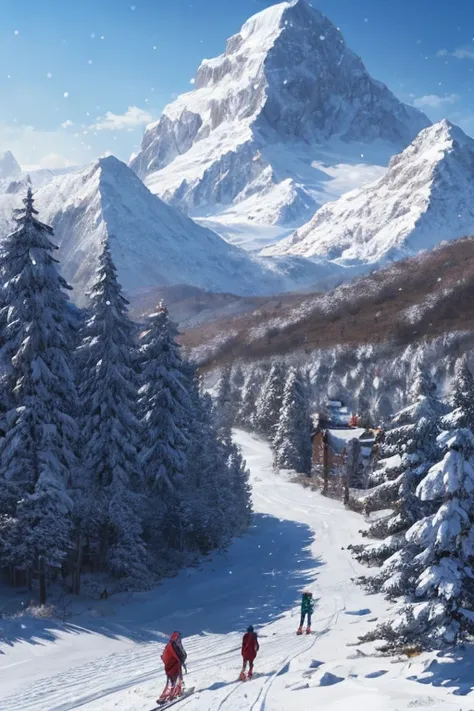 There  a mountain covered with snow，There are trees，There&#39;another person on skis, winter concept art, snowy environment, snow scene background, ski resort, snowy mountain background, snow scene, snow scene, snow wasteland, beautiful anime scenes, anime...