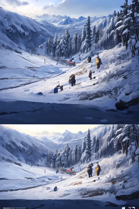 (best quality,4k,8k,highres,masterpiece:1.2),ultra-detailed,(realistic,photorealistic,photo-realistic:1.37), snowy mountain, trees, person on a snowboard, winter concept art, snowy environment, snowy background, ski resort, snowy mountain backdrop, snowy l...