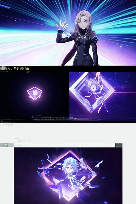 Animated scene of a woman standing in a dark room with blue light, Screenshot of the 2012 animation, screenshot from the anime film, destiny anime style/spend the night with, grand order of destiny, 2 0 1 9 animation screenshots, Holograms hover around her...