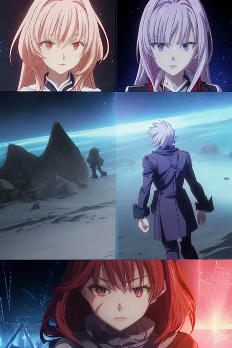 Animated scene of a woman standing in a dark room with blue light, Screenshot of the 2012 animation, screenshot from the anime film, destiny anime style/spend the night with, grand order of destiny, 2 0 1 9 animation screenshots, Holograms hover around her...