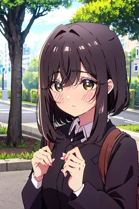 a black haired woman with brown eyes is blushing in the park