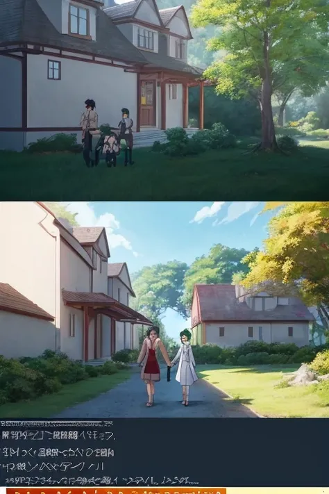 Painting depicting a family walking in front of a large house, screenshot from the anime film, Madhouse studio anime style, anime jade camping, Animation movie screenshots, Madhouse anime style, Today’s recommended anime  still, Studio Ghibli anime screens...