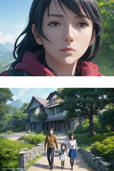 (a family walking in front of a large house, an animated movie screenshot, Studio Ghibli anime style, anime Yuru Camp, anime movie screenshot, anime style from Studio Ghibli, an anime still recommended today, Studio Ghibli anime screenshots, animated scree...