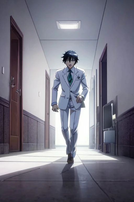 (white suit) anime character walking through a dark corridor, running anime girl, screenshot from a 2012 anime, screenshot from an animated movie, in an animated film, Kyoya anime screenshot, anime of the day recommendation, still from a TV anime, in the s...