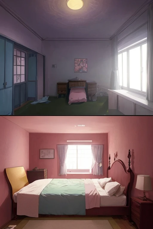 A bed in a dark room with windows, Studio Ghiblis bedroom, Madhouse studio anime style, Bedroom lights dim, anime scene, RPG style bedroom, someone  sitting on the bed, I slept in sections last night, at night!!, anime background art, Today’s recommended a...