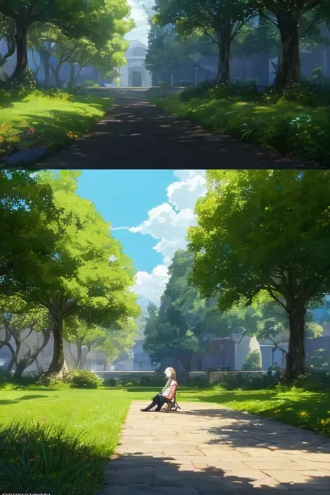 Anime scene of a woman sitting under a tree in the park, anime scene, beautiful anime scenes, Today’s recommended anime  still, Anime beautiful peaceful scene, anime screenshot, boromir in an anime world, anime rural scenery, Animation movie screenshots, a...