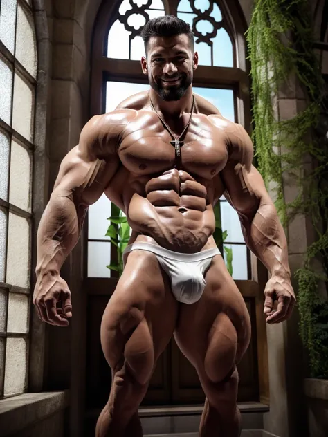 wide angle,1 man，Handsome欧洲男明星，ballet man，big beard，Smile，Handsome，small head，Tall body and talent，long legs，tattoo，（smirk），Cross necklace，Engraved details, Rough skin texture, , strong and muscular，White transparent briefs，open，chiseled muscles, muscular ...