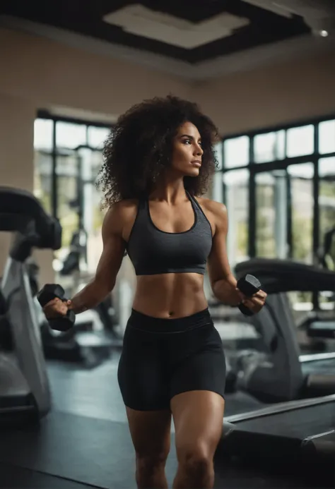 Mujer latina de cabello oscuro, ataviada con ropa de gimnasio, stands out in the bustling gym environment while determinedly dedicating himself to his exercise routine, radiating energy and confidence.