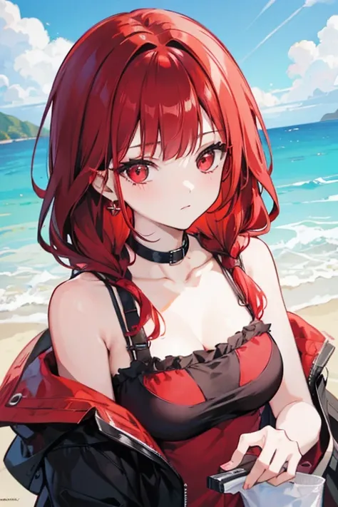 a red haired woman with red eyes is going on a date with a black haired woman with brown eyes at the beach
