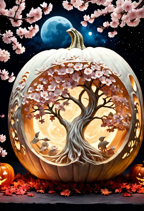 Intricately carved white pumpkin of cherry blossom trees, Jack-o-Lantern in the moonlight, large moon in the starry night sky. Photography taken by canon eos r5, intricate, highly detailed, fantasy, perfect white balance, action shot, glow, sunlight, uhd e...