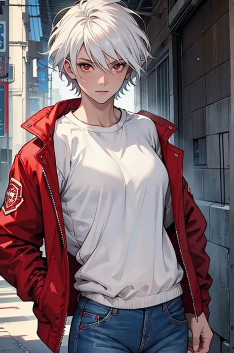 ((Best quality)), ((masterpiece)), top quality), standing alone, White hair, red eyes, short hair, red bomber jacket, blue jeans, white T-shirt, pale, bandaged hands, Woman