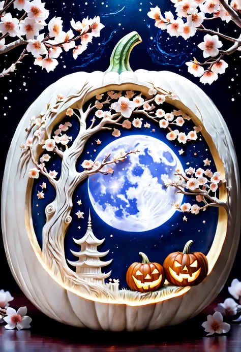 intricately carved white pumpkin of cherry blossom trees, jack-o'-lantern in the moonlight, large moon in the starry night sky. ...