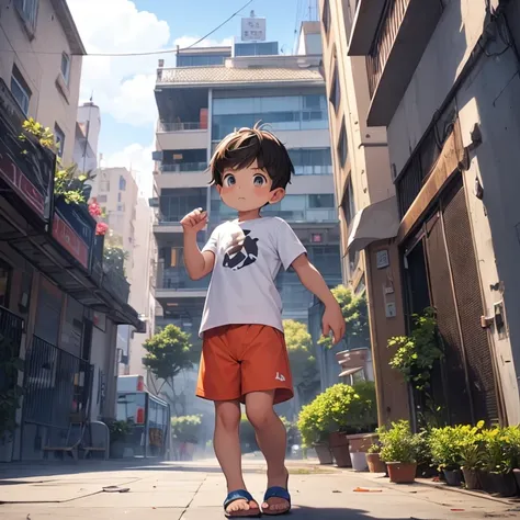 4k), small male child in orange shorts with a huge bulge in the middle and a sweatshirt that falls off, is jumping from one building to another, sin camiseta y sin zapatos,  that covered with blue roses, y orar, Luz antiniebla, Impresionismo, 2d, (Espinas:...