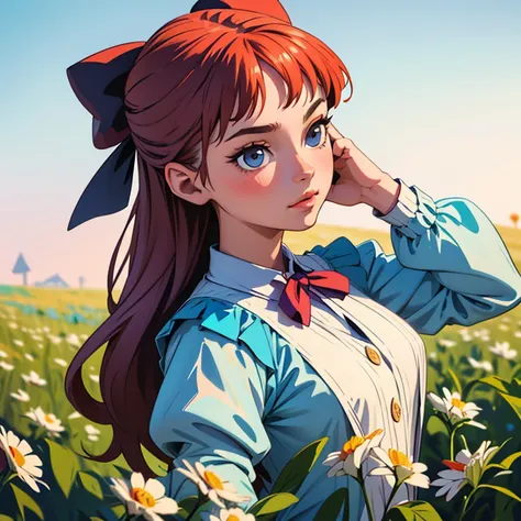 1girl, masterpiece, best quality, 8k, detailed skin texture, detailed cloth texture, beautiful detailed face, intricate details, ultra detailed, Alice in Wonderland, (a bow on her head:1.1), upper body, cartoon