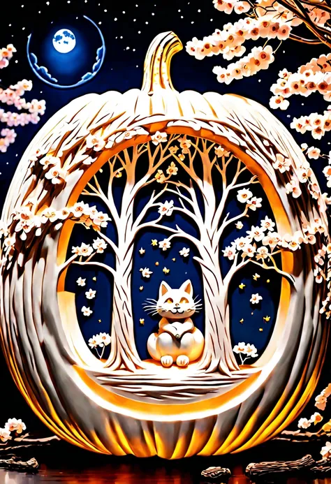 Intricately carved white pumpkin of cherry blossom trees, Jack-o-Lantern in the moonlight, large moon in the starry night sky. Photography taken by canon eos r5, intricate, highly detailed, fantasy, perfect white balance, action shot, glow, sunlight, uhd e...