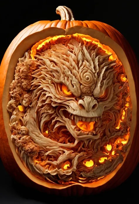 3D model carved Hellscape inside a Pumpkin, halloween background, carved by mark ploog, carved by Gustav, dore intricate elaborate, detailed fantasy, colorful lighting inside carved pumpkin, fall background, award-winning carved pumpkin, national geographi...