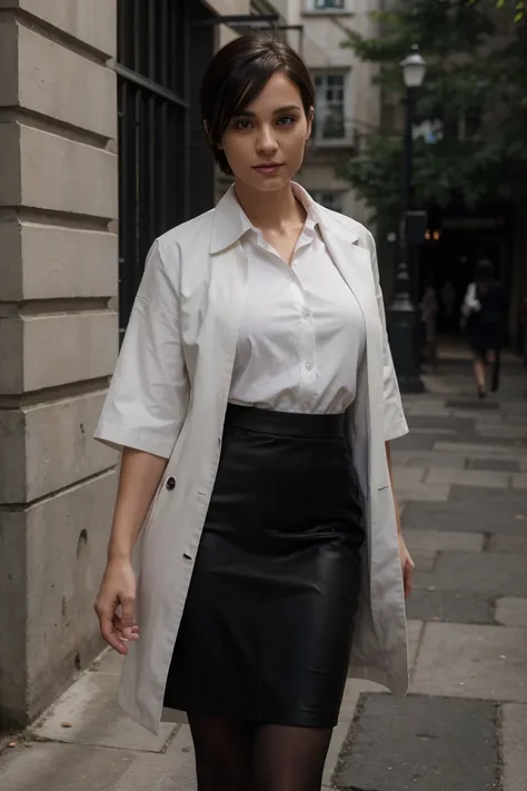 1girl, Harry Potter universe,Solo, One woman of about 35 years old, black elegant haircut, Hazel eyes, white long office shirt with short sleeves, black coat, pencil grey skirt, black pantyhose, black heels,standing outside,  skycreeper photography, mature...