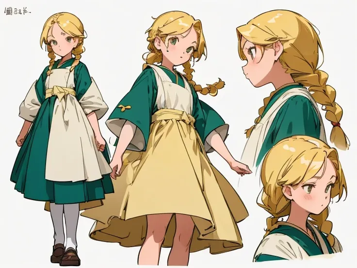 Retro Ghibli style, a young girl with golden hair tied back into a simple braid, wearing a humble dress, character sheet, white background -niji 5