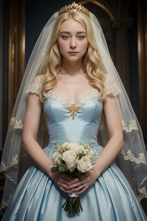 Blonde woman with a crown and white veil, Saoirse Ronan, full body, clear blue eyes, twenty years, dark blue and gold wedding dress with lace sleeves from 1814, princess bride holding a flower bouquet