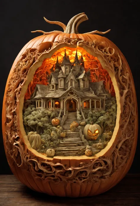 3D model carved Hellscape inside a Pumpkin, halloween background, carved by mark ploog, carved by Gustav, dore intricate elaborate, detailed fantasy, colorful lighting inside carved pumpkin, fall background, award-winning carved pumpkin, national geographi...