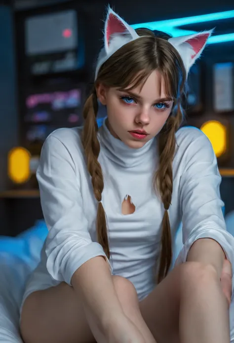 Russian girl,  auf einem Bett sitzen,  in einem Cyberpunk-Stahlbunker mit Luken usw.,  im Hintergrund. She wears white cat ears. Sie hat eine Twintail-Frisur. 16 year old girl,  schlanke petite,  little girl,  Beautiful breasts. Meisterwerk,  8 TAUSEND,  4...