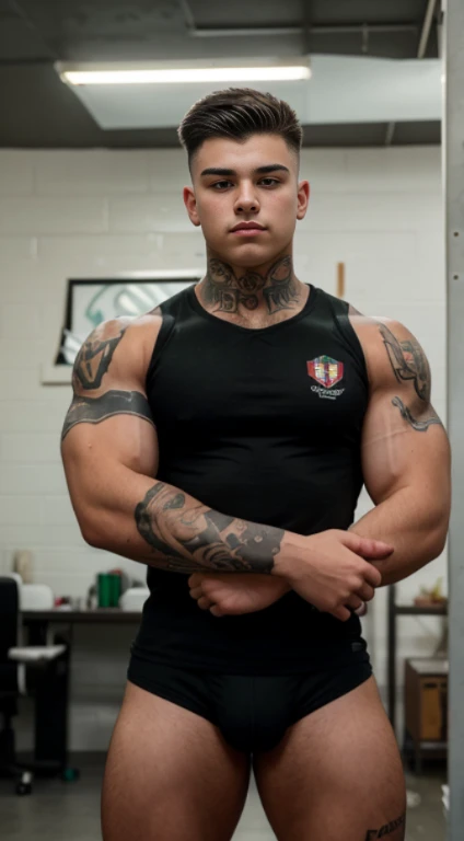 Teenage boy , keeper ,tattoos on half forearms 18 years old, military haircut, black hair, green eyes fixed, affiliated features, no facial hair, height 1.93, weight 100 kg, aesthetic muscular build, broad shoulders, V-shaped body, full body focus, complet...