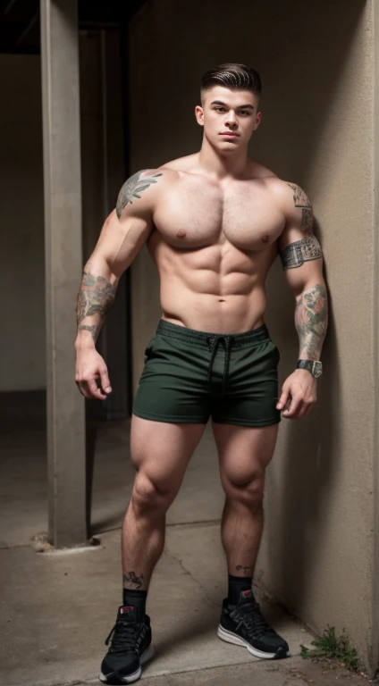 White Teenage boy , 17 years old ,tattoos on half forearms 18 years old, military haircut, black hair, green eyes fixed, affiliated features, no facial hair, height 1.93, weight 100 kg, aesthetic muscular build, broad shoulders, V-shaped body, full body fo...