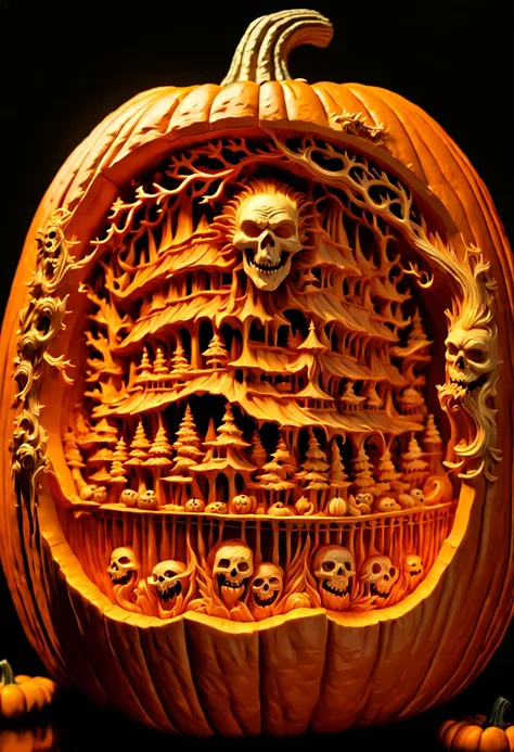 3D model carved Hellscape inside a Pumpkin, halloween background, carved by mark ploog, carved by Gustav, dore intricate elaborate, detailed fantasy, colorful lighting inside carved pumpkin, fall background, award-winning carved pumpkin, national geographi...