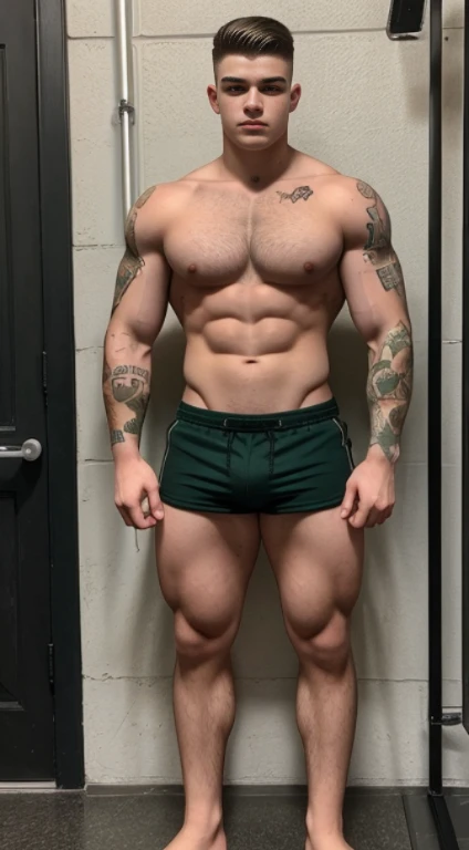 White Teenage boy , 17 years old ,tattoos on half forearms 18 years old, military haircut, black hair, green eyes fixed, affiliated features, no facial hair, height 1.93, weight 100 kg, aesthetic muscular build, broad shoulders, V-shaped body, full body fo...