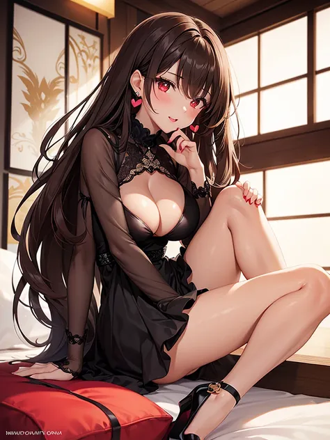 a 24 years old sexy cute girl, brown hair, long har, wearing a sexy dress, seductive face, sexy pose, red eyes, earrings, high heels, black skin, lipstick, heart shaped pupils, big breasts