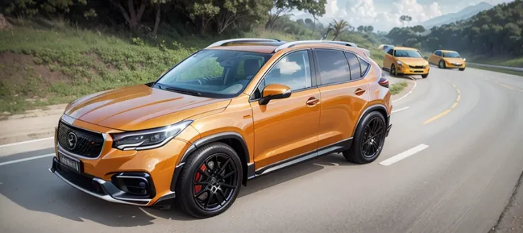 tropical orange plastic color 4x4 luxury sports sedan pursuit scene, spinning wheels, maybach style alloy rims, toyota, porsche, honda crv, brabus, subaru, nissan, urban scene