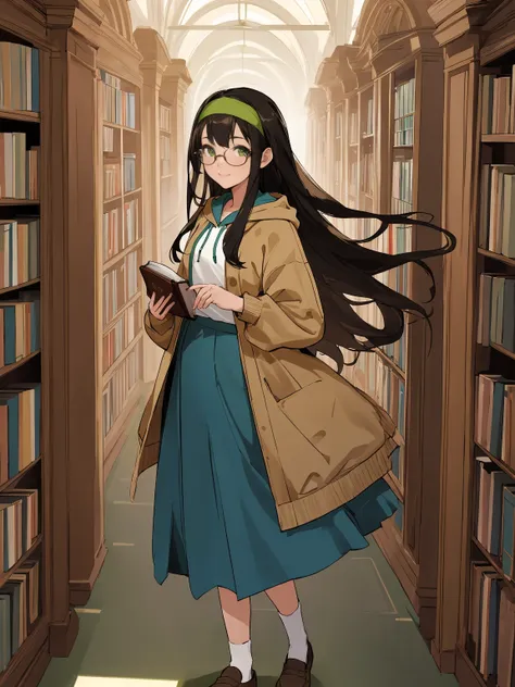 ((Best quality: 1.1)), A well-developed face, 1 girl, High, graceful, standing straight, looks at the viewer ,Black hair, long hair, hair headband, Glasses, Beautiful face, nose, smile, ears, green eyes, brown hoodie, blue skirt, low shoes, the library, bo...