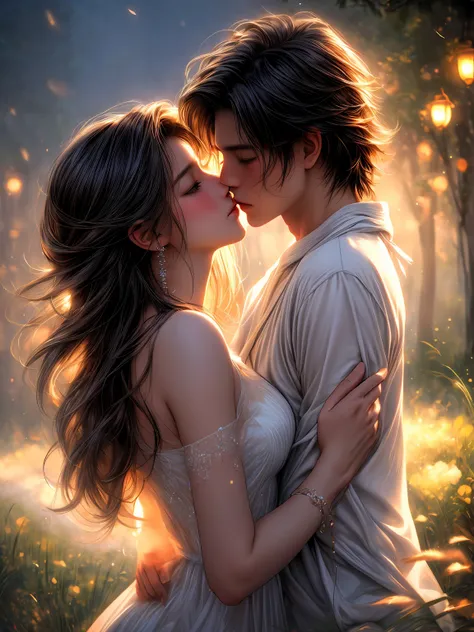 (best quality,4k,8k,highres,masterpiece:1.2),ultra-detailed,(realistic,photorealistic,photo-realistic:1.37),Ravengirl,tigerboy,cozy together,romantic vibe,longeyelashes,beautiful detailed eyes,beautiful detailed lips,in love,flirty,wholesome,kiss on the ne...