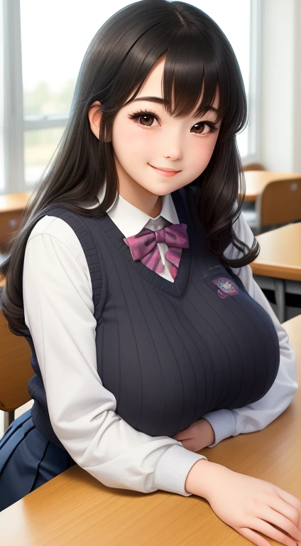 (masterpiece:1.2), (best quality:1.2), kawaii, 1girl, solo, breast rest, (gigantic breasts:1), ((breasts on table)), school uniform, sweater, looking at viewer, school desk, smile, hair between eyes, black hair