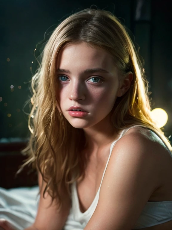 Portrait of a beautiful 18-year-old girl with a beautiful and perfect face, Russian, no panties, no bra, wet with sweat, in bed, reddened nose and cheeks, Glows(Dark private research、Dark moody light:1.2)