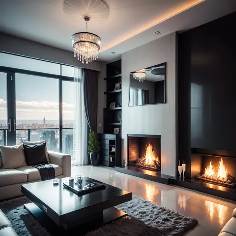 arafie design - modern living room with fireplace and large windows, Penthouse, luxury condominium interior, city views, luxurious interior environment, floor to ceiling windows, inside a modern apartment, truly realistic image, very elegant & complex , an...