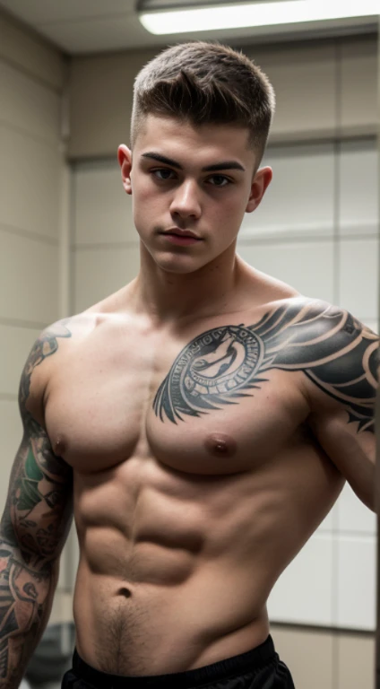 White Teenage boy , animals tattoos on half forearms 18 years old, military haircut, black hair, green eyes fixed, affiliated features, no facial hair, height 1.93, weight 100 kg, aesthetic muscular build, broad shoulders, V-shaped body, full body focus, c...