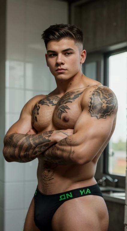 White Teenage boy , 17 years old , lion,tiger, Wolf tattoos on half forearms 18 years old, military haircut, black hair, green eyes fixed, affiliated features, no facial hair, height 1.93, weight 100 kg, aesthetic muscular build, broad shoulders, V-shaped ...