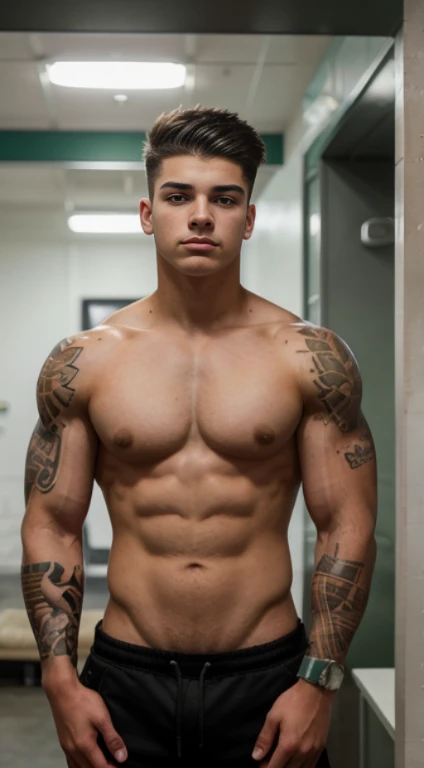 White Teenage boy , 17 years old , lion,tiger, Wolf tattoos on half forearms 18 years old, military haircut, black hair, green eyes fixed, affiliated features, no facial hair, height 1.93, weight 100 kg, aesthetic muscular build, broad shoulders, V-shaped ...