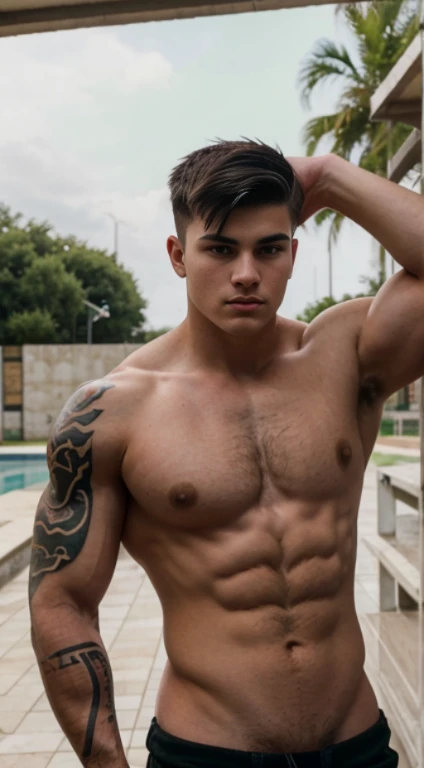 White Teenage boy , 17 years old , lion,tiger, Wolf tattoos on half forearms 18 years old, military haircut, black hair, green eyes fixed, affiliated features, no facial hair, height 1.93, weight 100 kg, aesthetic muscular build, broad shoulders, V-shaped ...